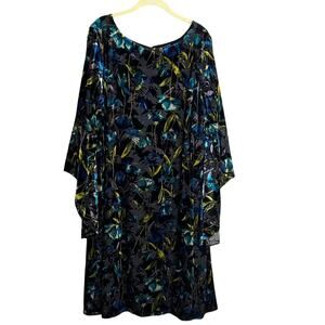 The Limited Collection Womens Dress 1X Black Blue Velvet Floral Bell Sleeve Midi